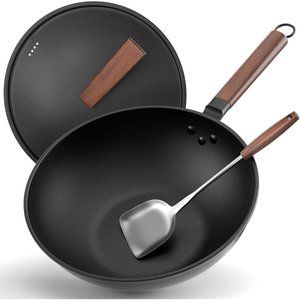 13-Inch Carbon Steel Wok Pan with Lid Woks